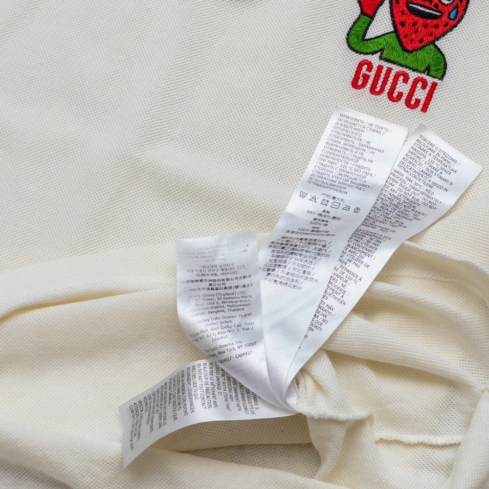 Gucci Mens Strawberry Embroidered Polo Shirt Off-White Cream Size S
